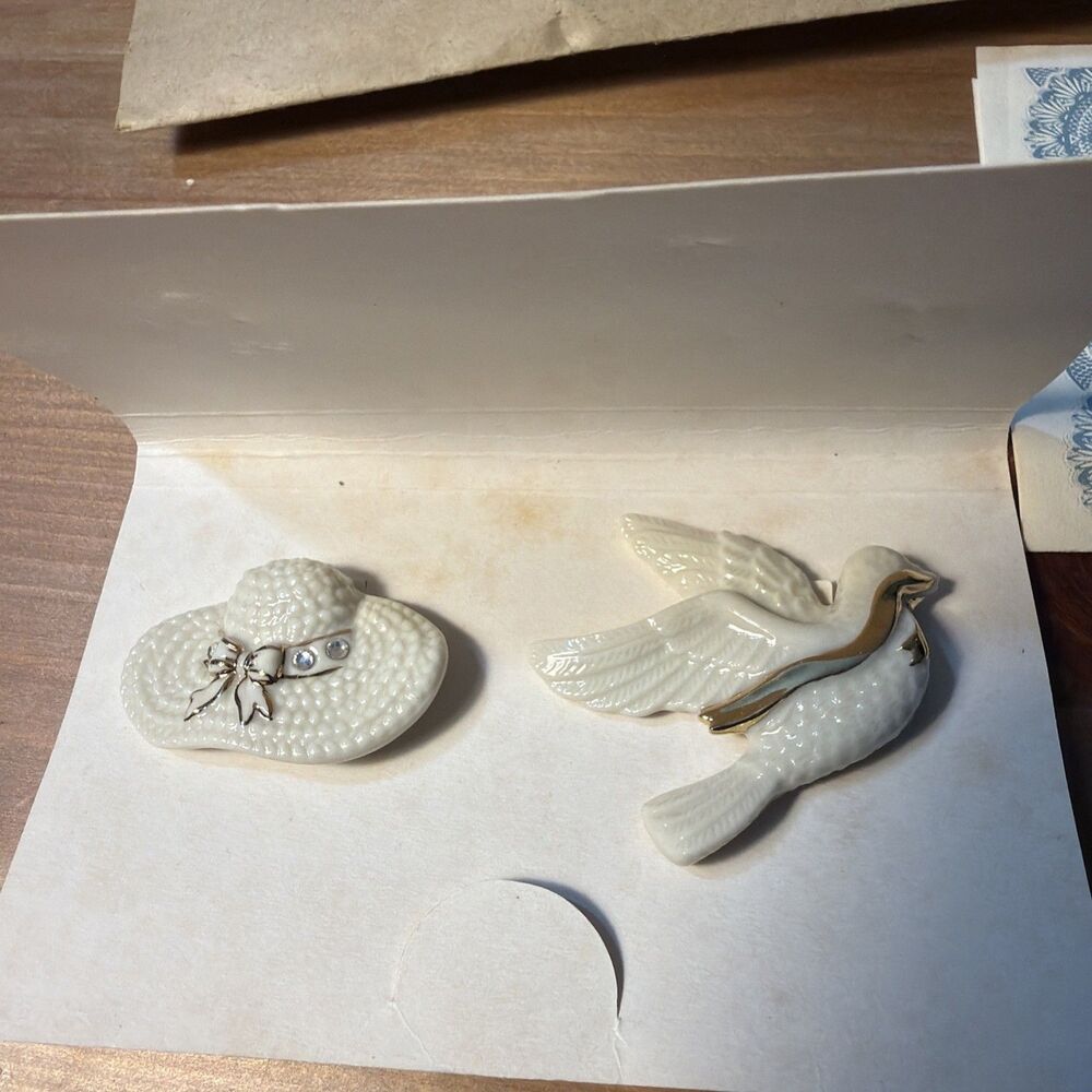 Lenox Bonnet Rhinestone Hat and Dove Bird Pin Brooch Set New